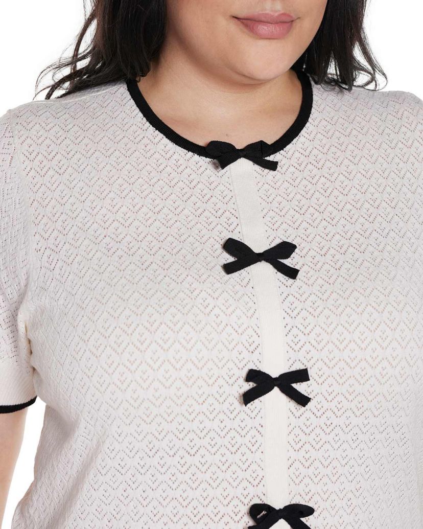 Plus Size Bow Detail Pointelle Short Sleeve Sweater