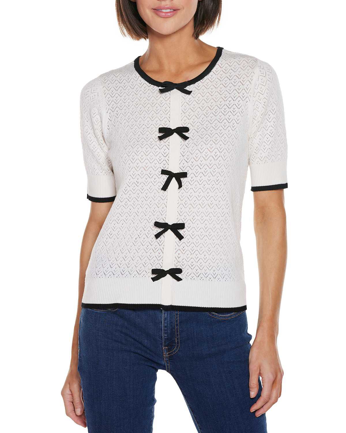 Bow Detail Pointelle Short Sleeve Sweater