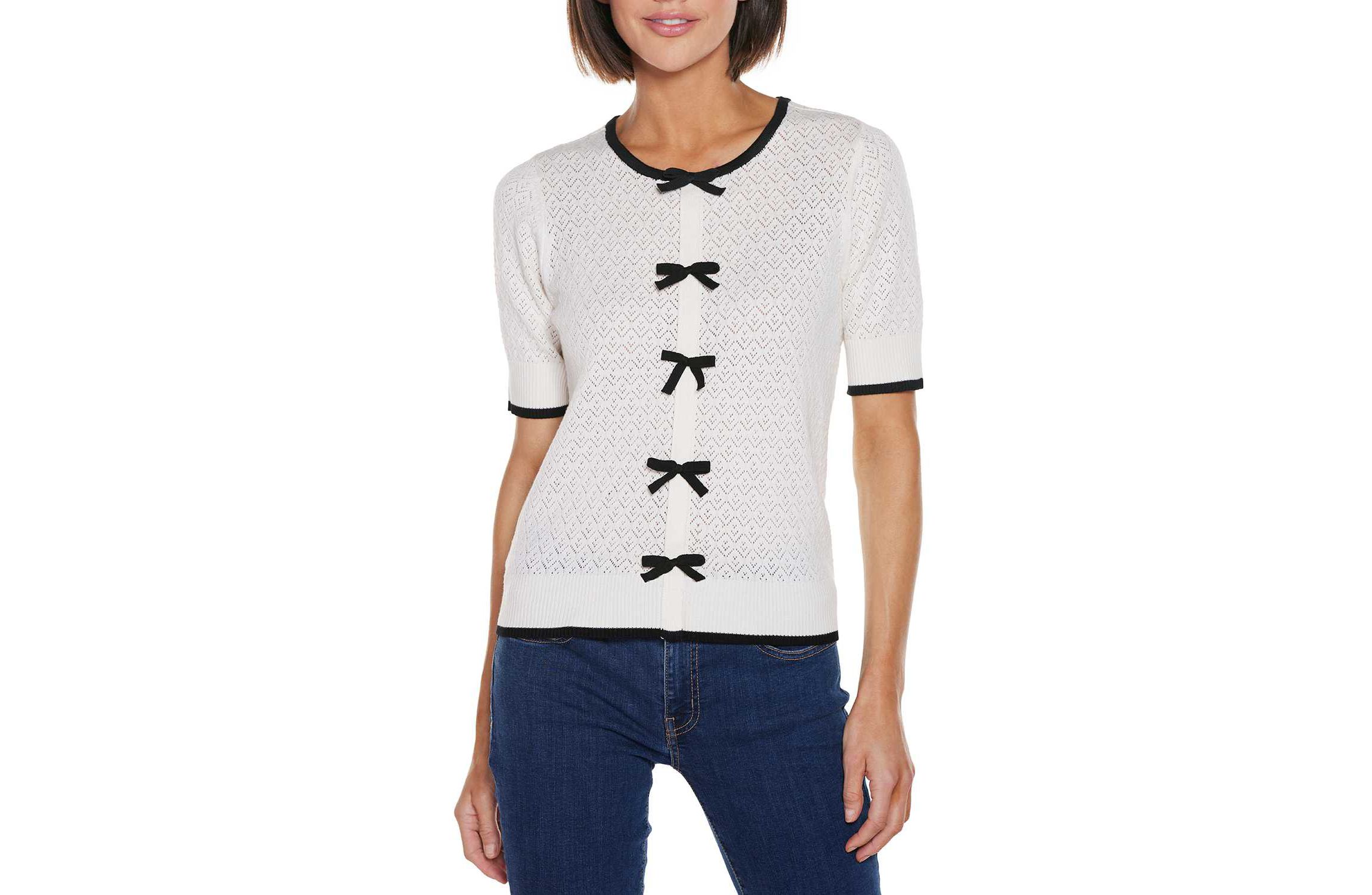 Bow Detail Pointelle Short Sleeve Sweater