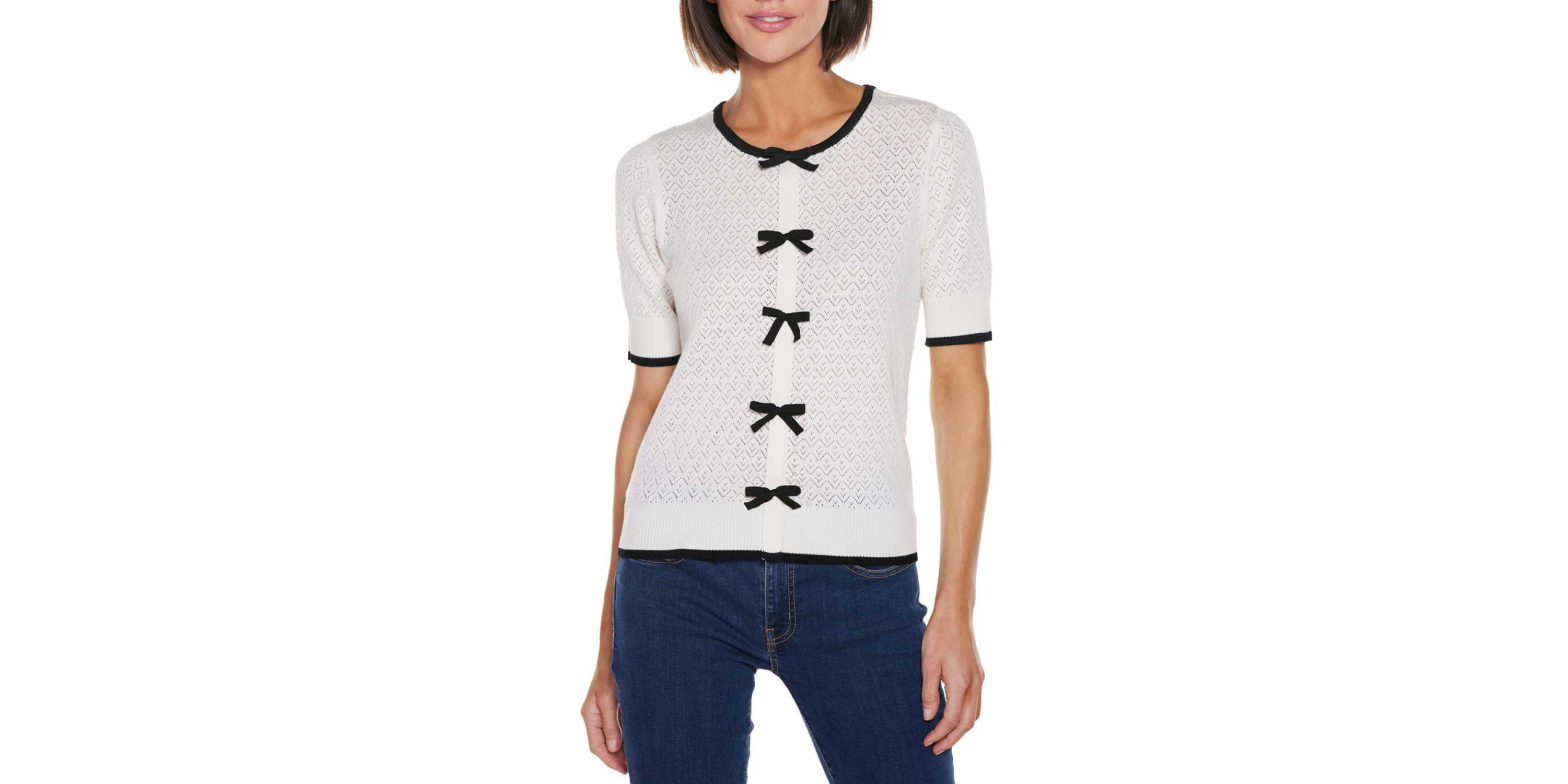 Bow Detail Pointelle Short Sleeve Sweater