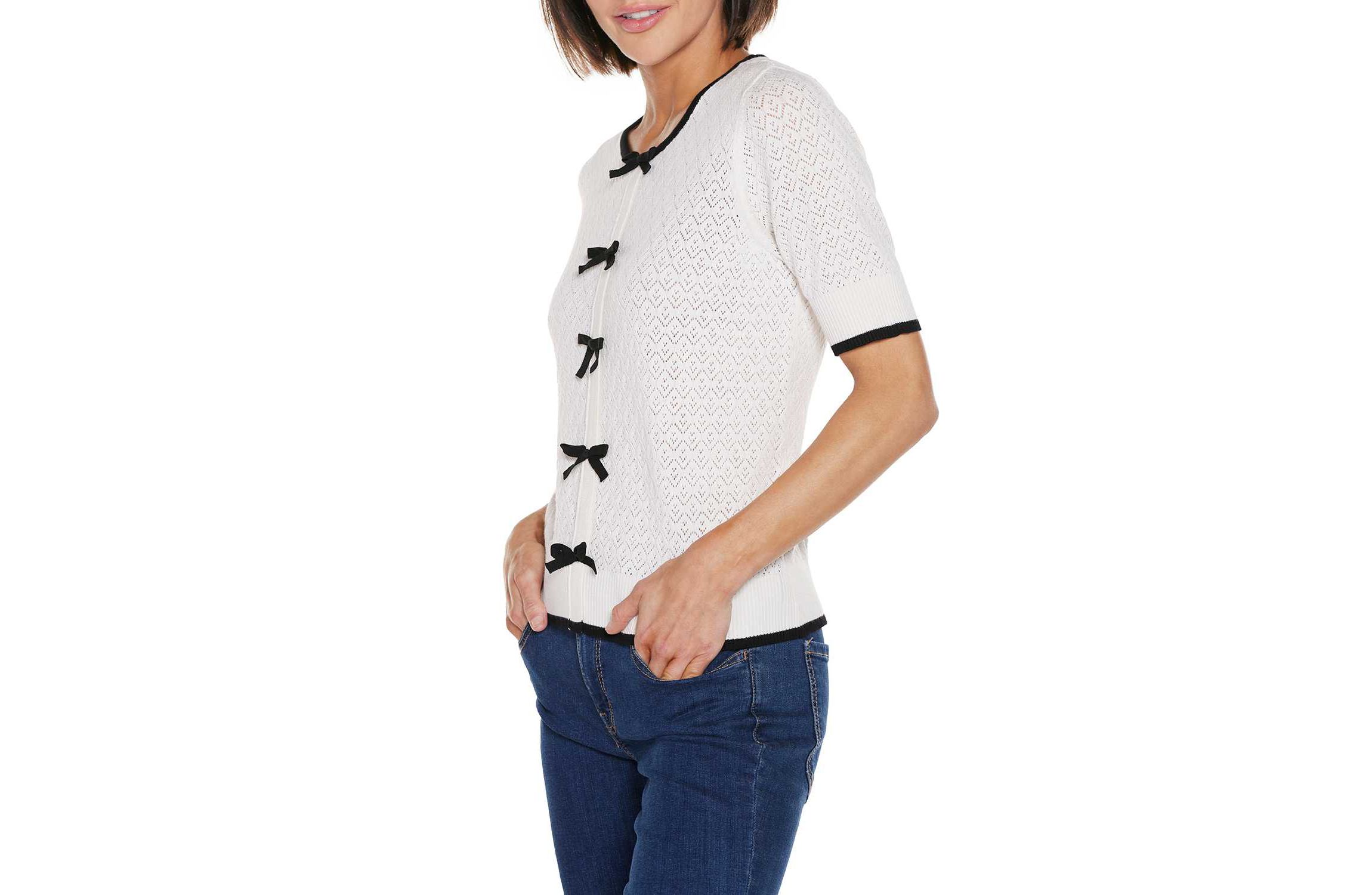 Bow Detail Pointelle Short Sleeve Sweater