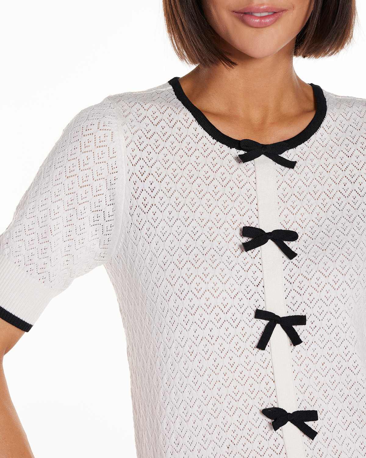Bow Detail Pointelle Short Sleeve Sweater
