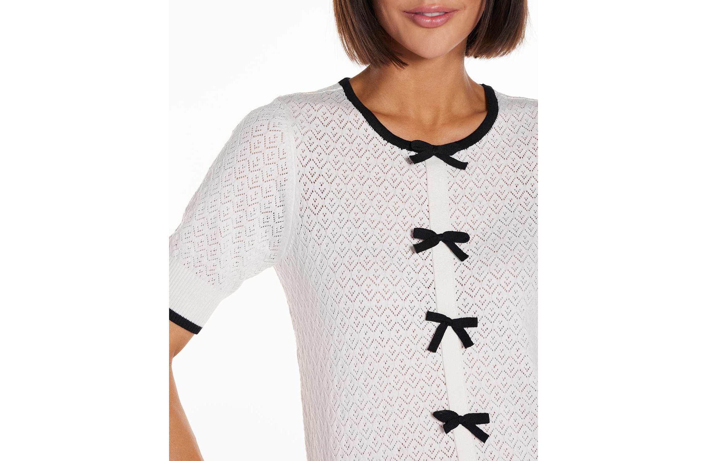 Bow Detail Pointelle Short Sleeve Sweater
