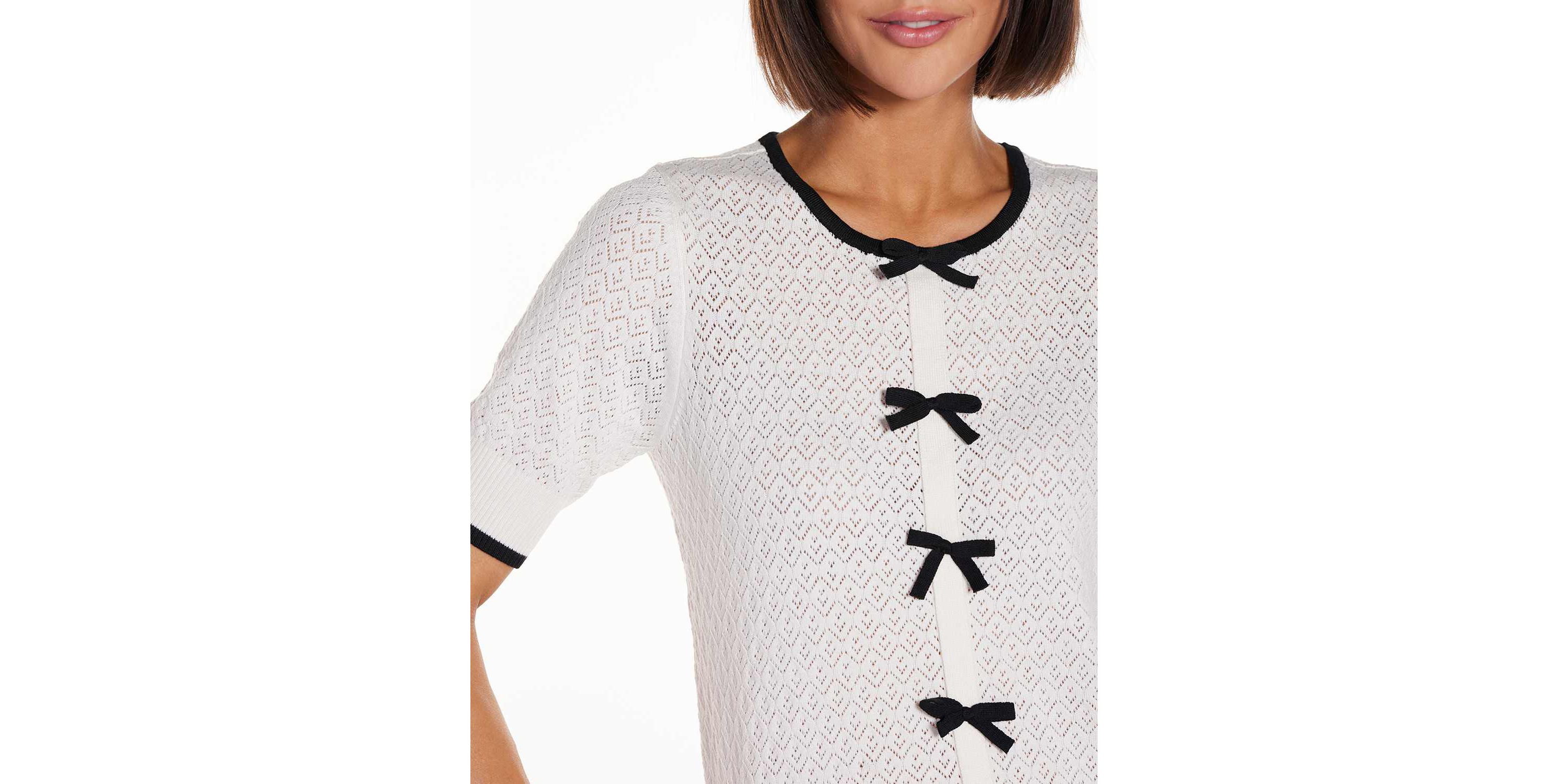 Bow Detail Pointelle Short Sleeve Sweater