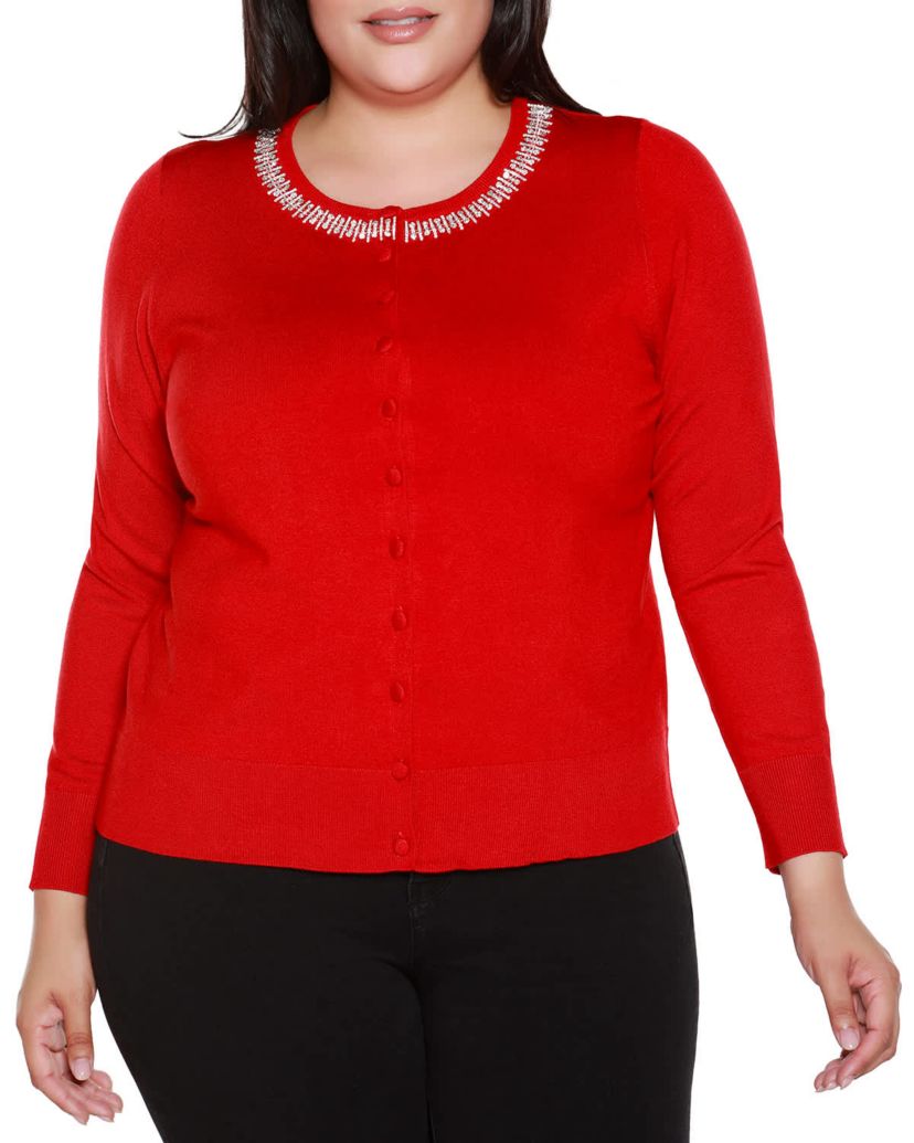 Plus Size Embellished Neckline Cardigan Sweater