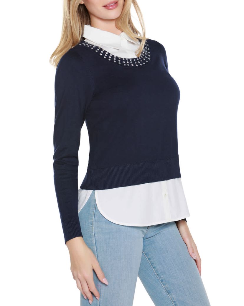 Rhinestone-Neckline Twofer Sweater