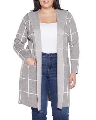 Belldini Women's Plus Size Hooded Windowpane Plaid Coatigan Sweater