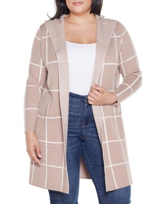 Belldini Women's Plus Size Hooded Windowpane Plaid Coatigan Sweater, 3X