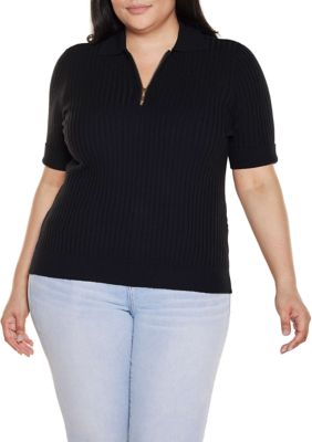 Belldini Women's Plus Size Collared Quarter-Zip Ribbed-Knit Sweater, Black, 3X