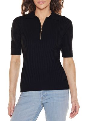 Belldini Women's Collared Quarter-Zip Ribbed-Knit Sweater, Black, XL