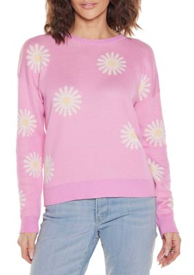 Belldini Women's Jacquard-Flower Crew Neck Sweater, Pink, Large