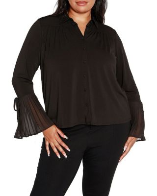 Belldini Black Label Women's Plus Size Bell-Sleeve Button-Front Top