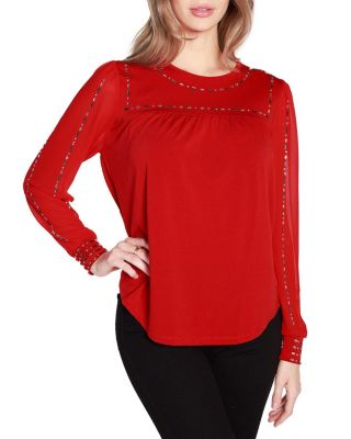 Belldini Black Label Women's Embellished Blouson Sleeve Top, Red, XS -  0840298683789