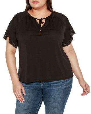 Belldini Black Label Women's Plus Size Embellished Flutter Sleeve Knit Top, 1X