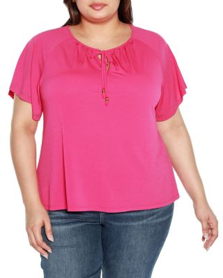 Belldini Black Label Women's Plus Size Embellished Flutter Sleeve Knit Top