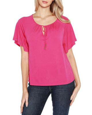 Belldini Black Label Women's Embellished Flutter Sleeve Knit Top, Pink, Small
