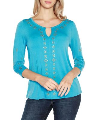 Belldini Black Label Women's Embellished Keyhole Knit Top, Blue, XL
