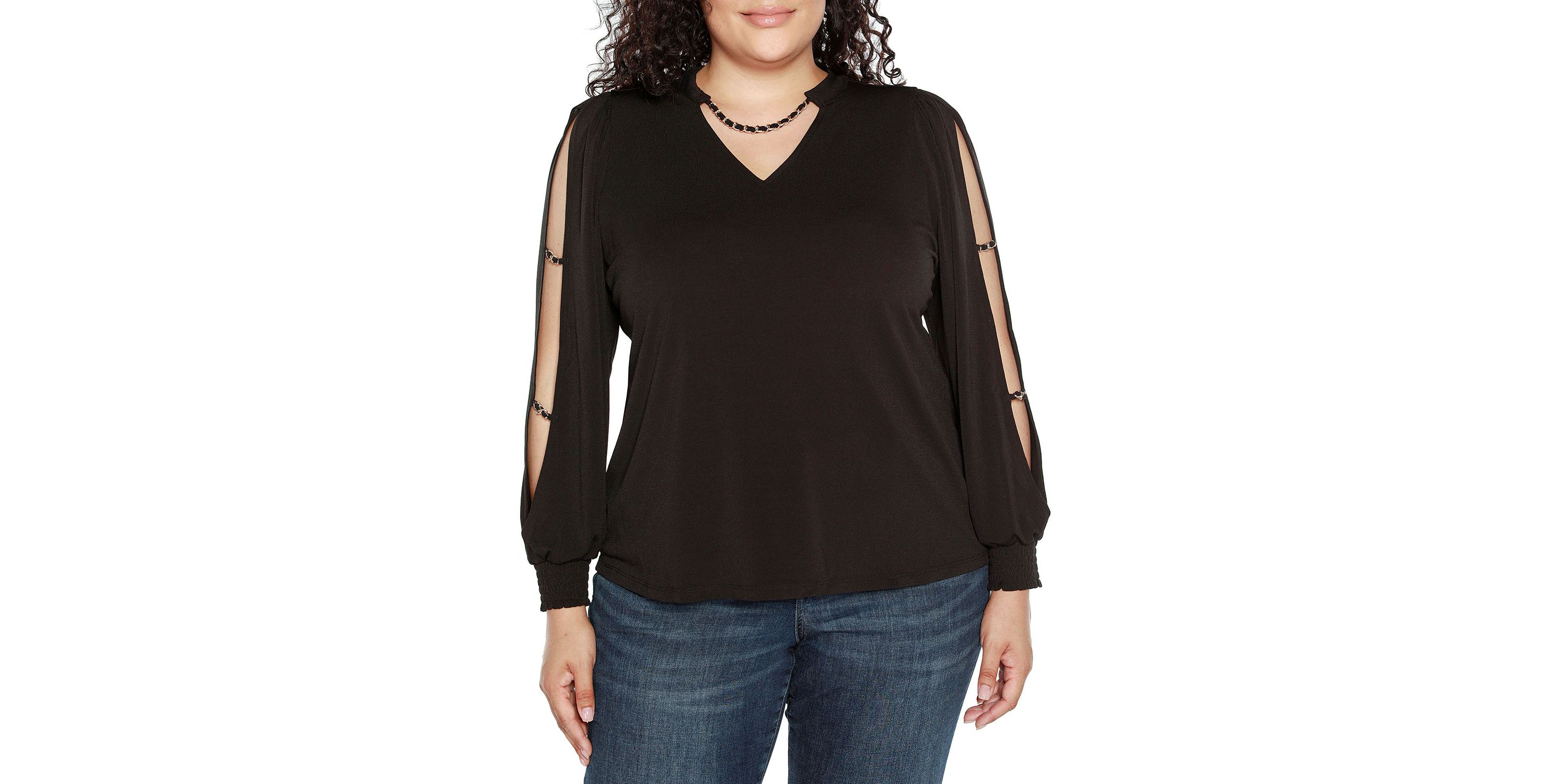 Plus Size Split-Sleeve Chain-Neck Keyhole Top