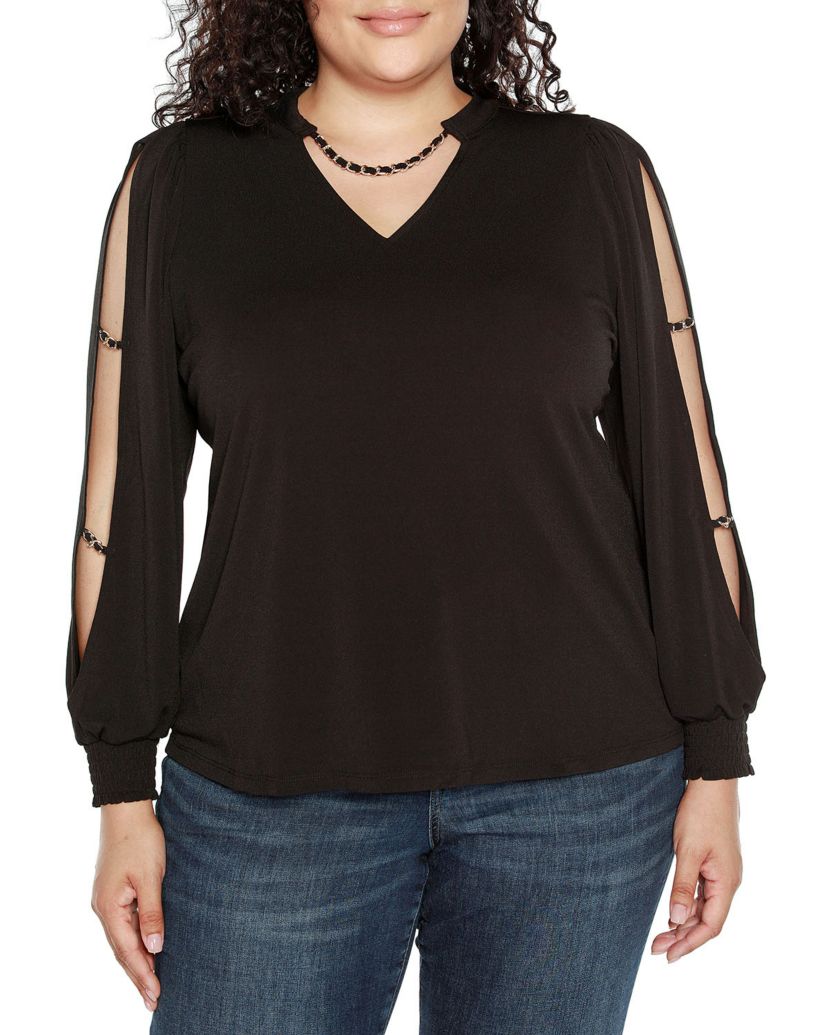 Plus Size Split-Sleeve Chain-Neck Keyhole Top