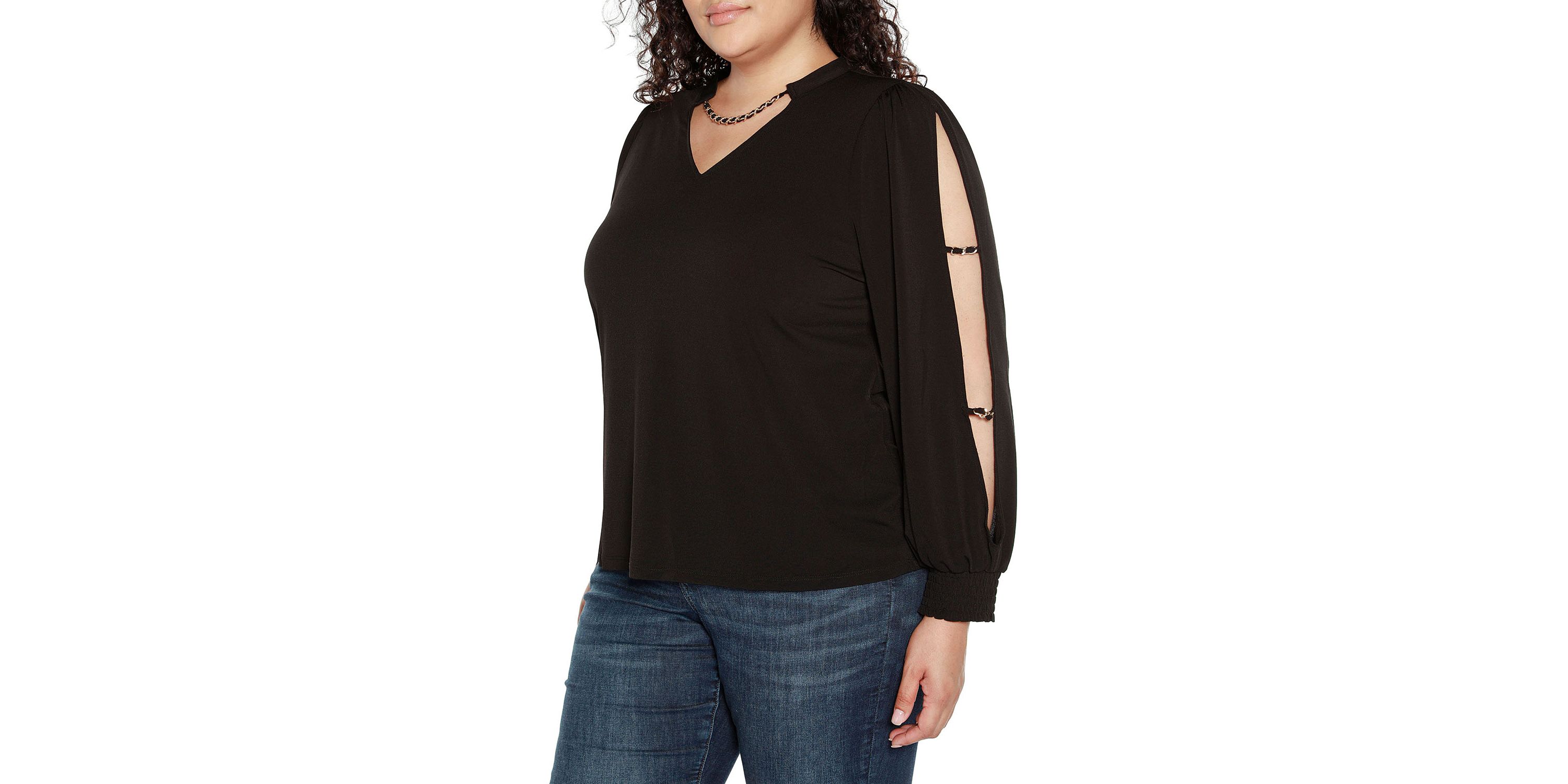 Plus Size Split-Sleeve Chain-Neck Keyhole Top