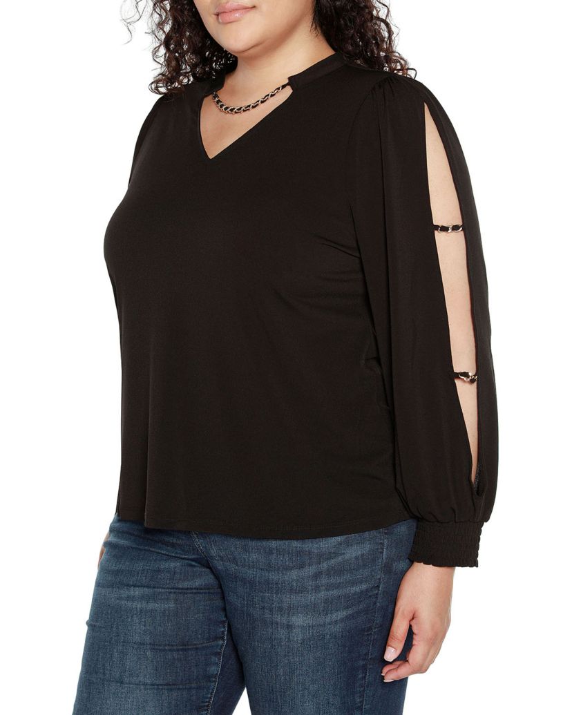 Plus Size Split-Sleeve Chain-Neck Keyhole Top
