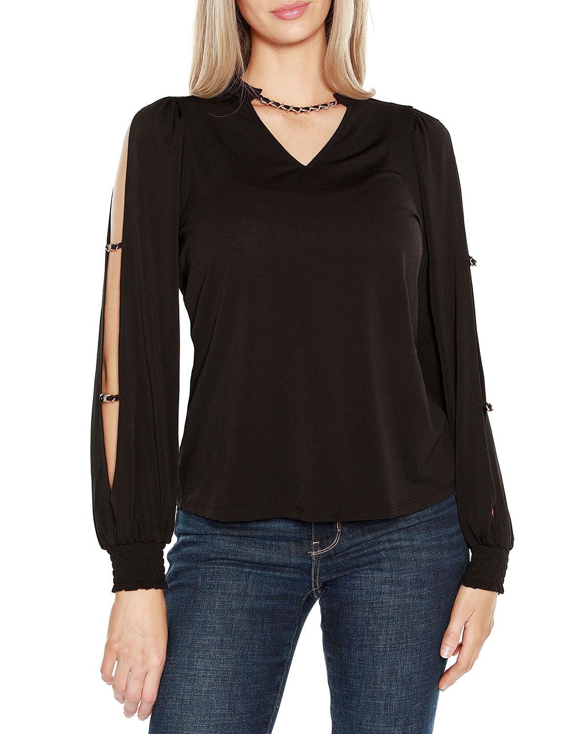 Split-Sleeve Chain-Neck Keyhole Top