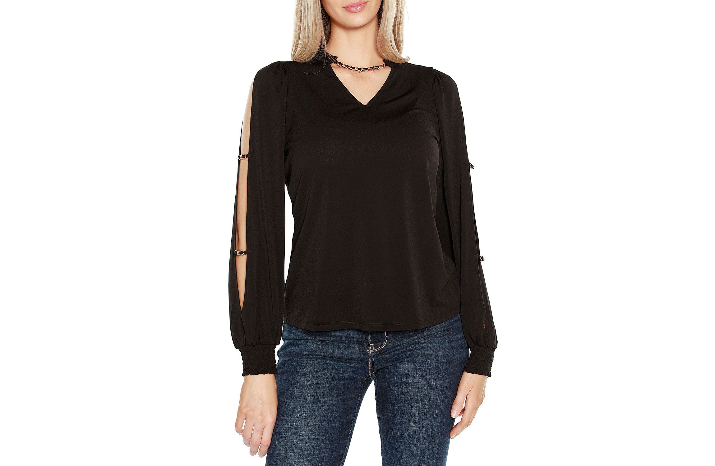 Split-Sleeve Chain-Neck Keyhole Top