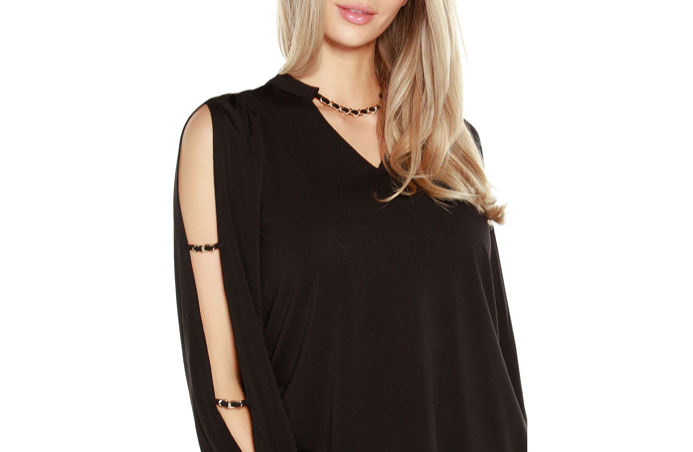 Split-Sleeve Chain-Neck Keyhole Top