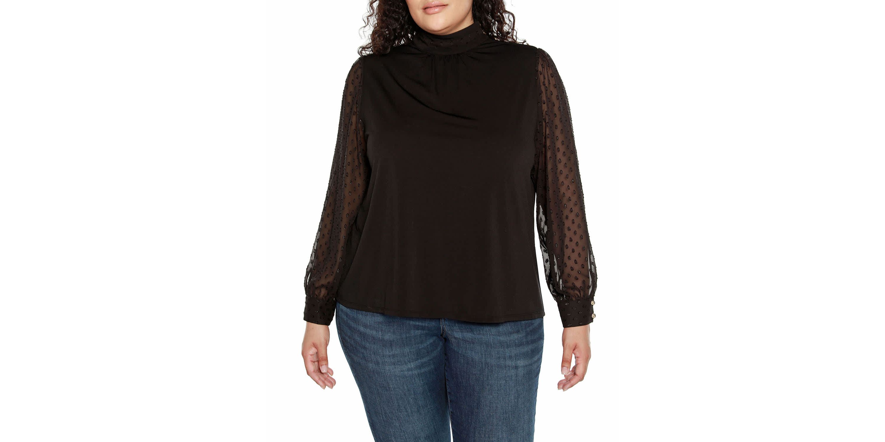 Plus Size Clip-Dot Chiffon Sleeve Knit Blouse