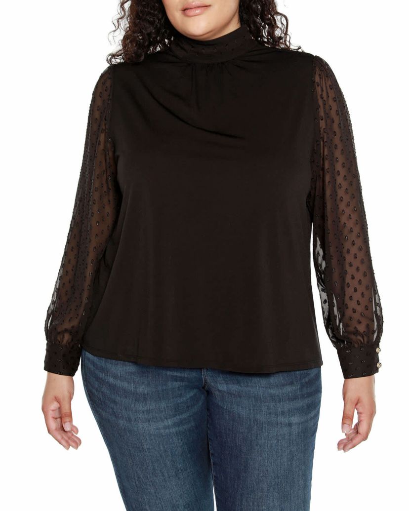 Plus Size Clip-Dot Chiffon Sleeve Knit Blouse