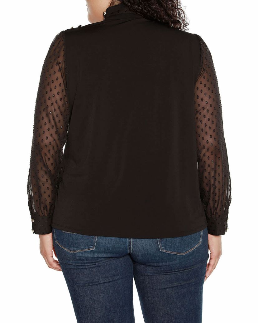 Plus Size Clip-Dot Chiffon Sleeve Knit Blouse