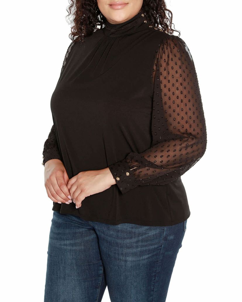 Plus Size Clip-Dot Chiffon Sleeve Knit Blouse