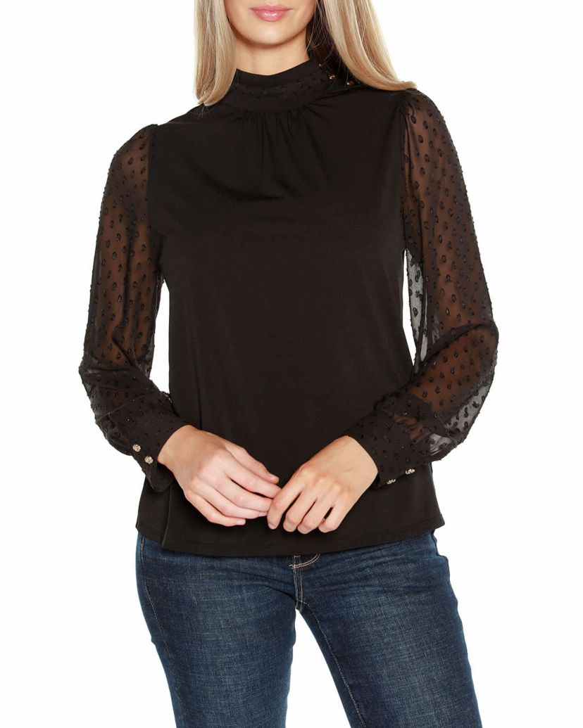 Clip-Dot Chiffon Sleeve Knit Blouse