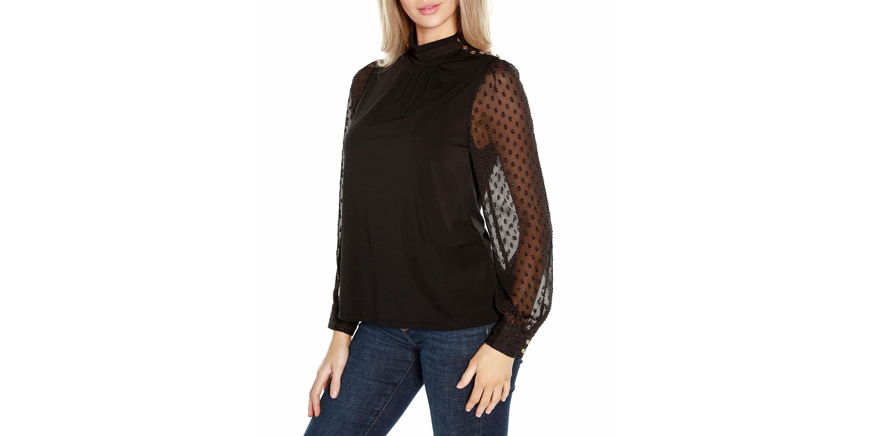 Clip-Dot Chiffon Sleeve Knit Blouse