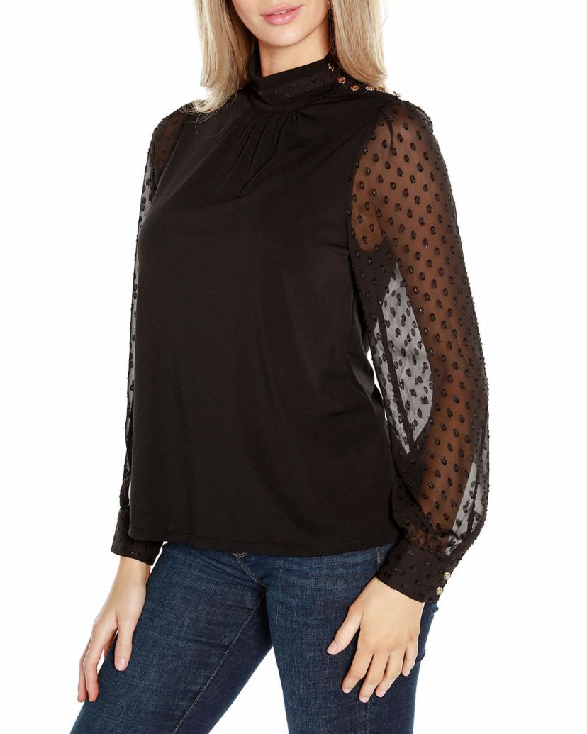 Clip-Dot Chiffon Sleeve Knit Blouse