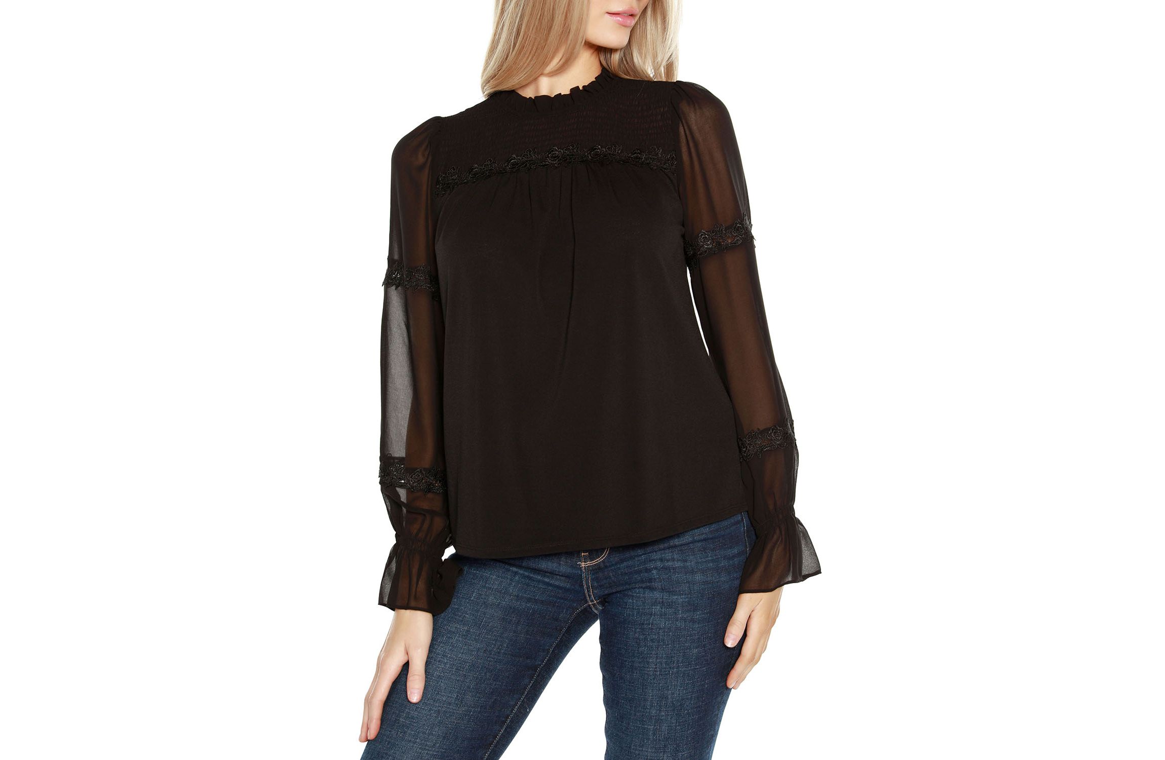 Mixed Media Blouson-Sleeve Top