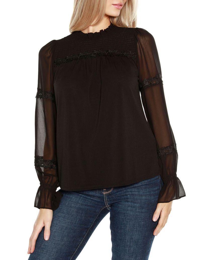 Mixed Media Blouson-Sleeve Top