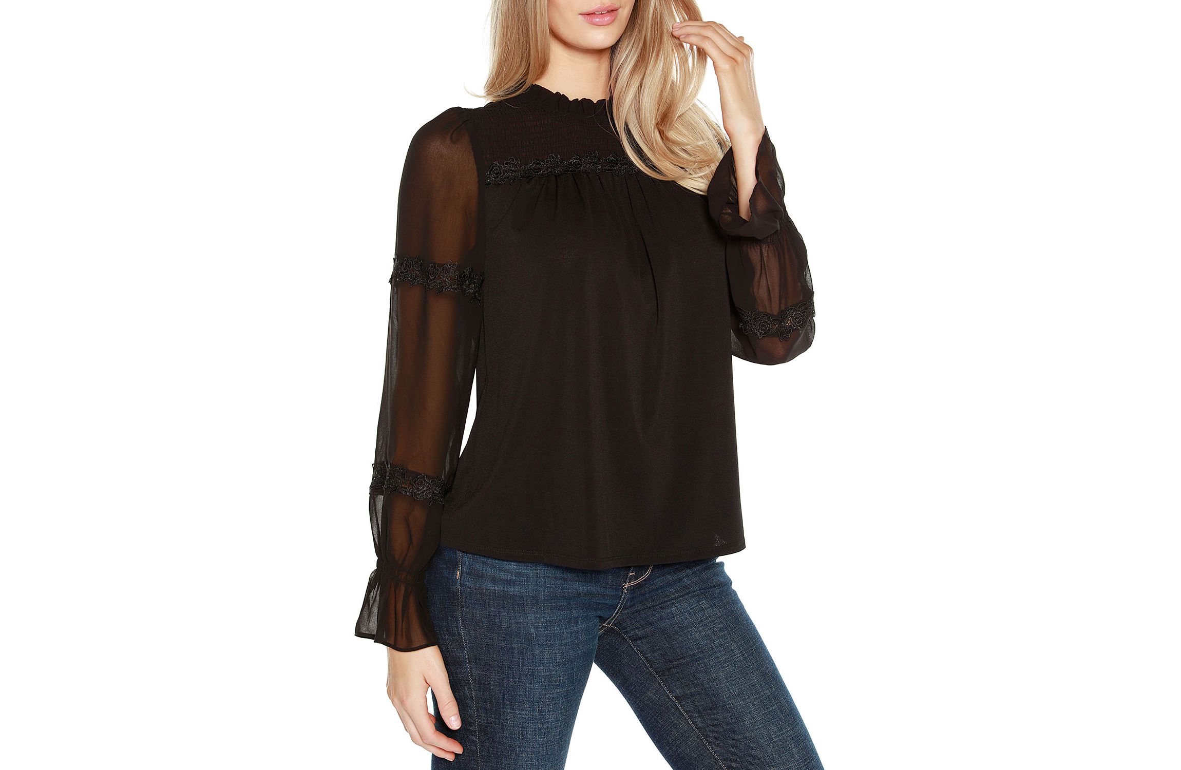 Mixed Media Blouson-Sleeve Top