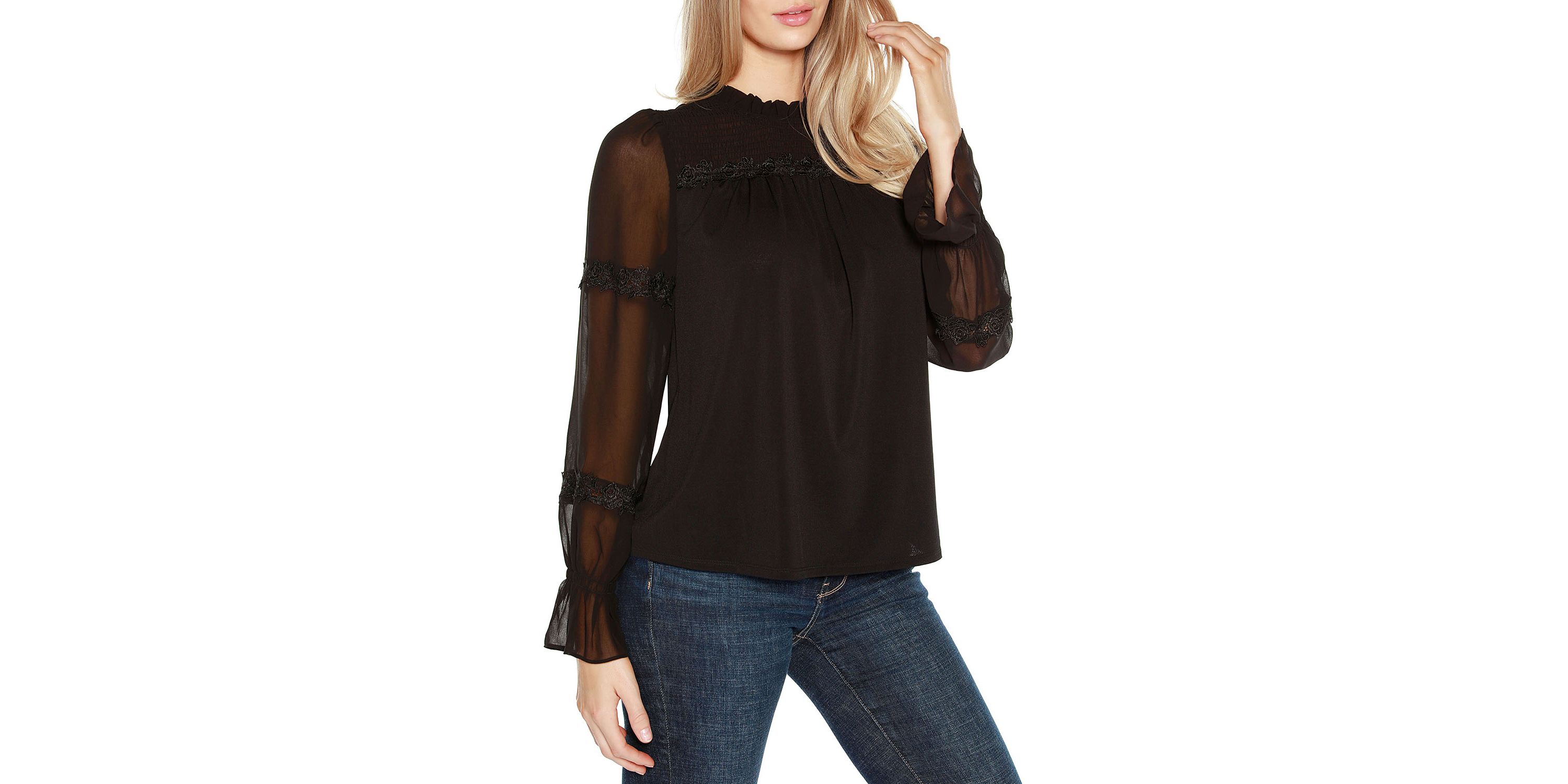 Mixed Media Blouson-Sleeve Top