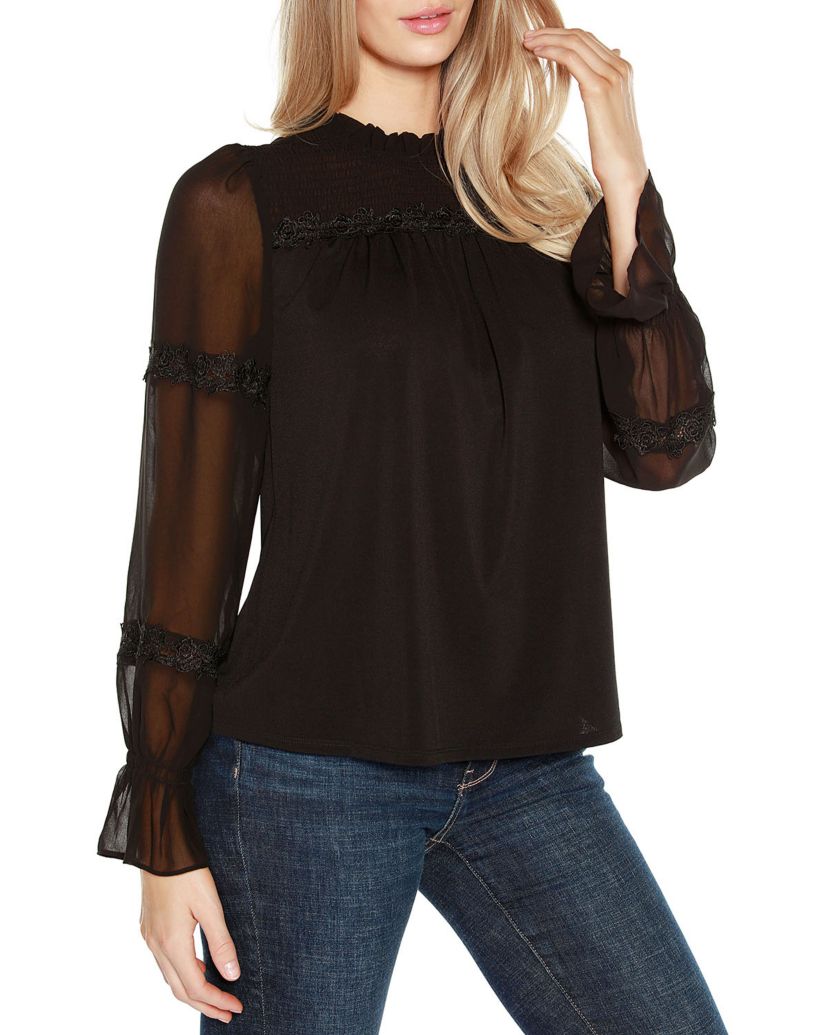 Mixed Media Blouson-Sleeve Top