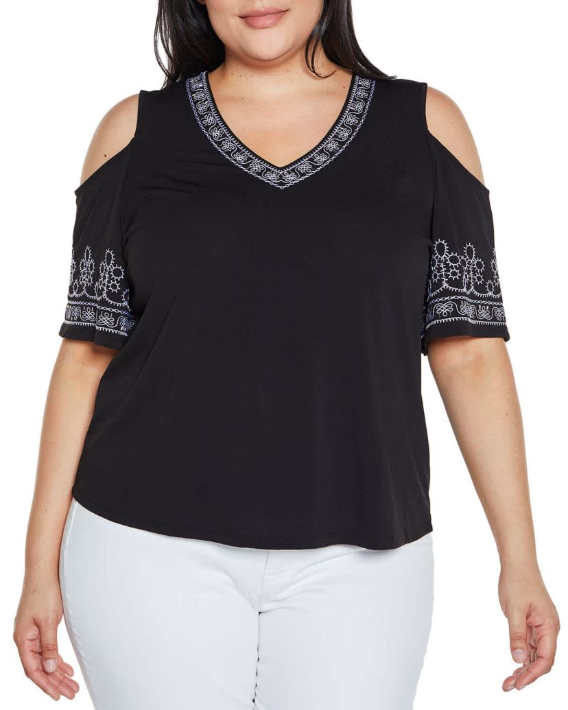 Embroidered Cold-Shoulder Knit Top