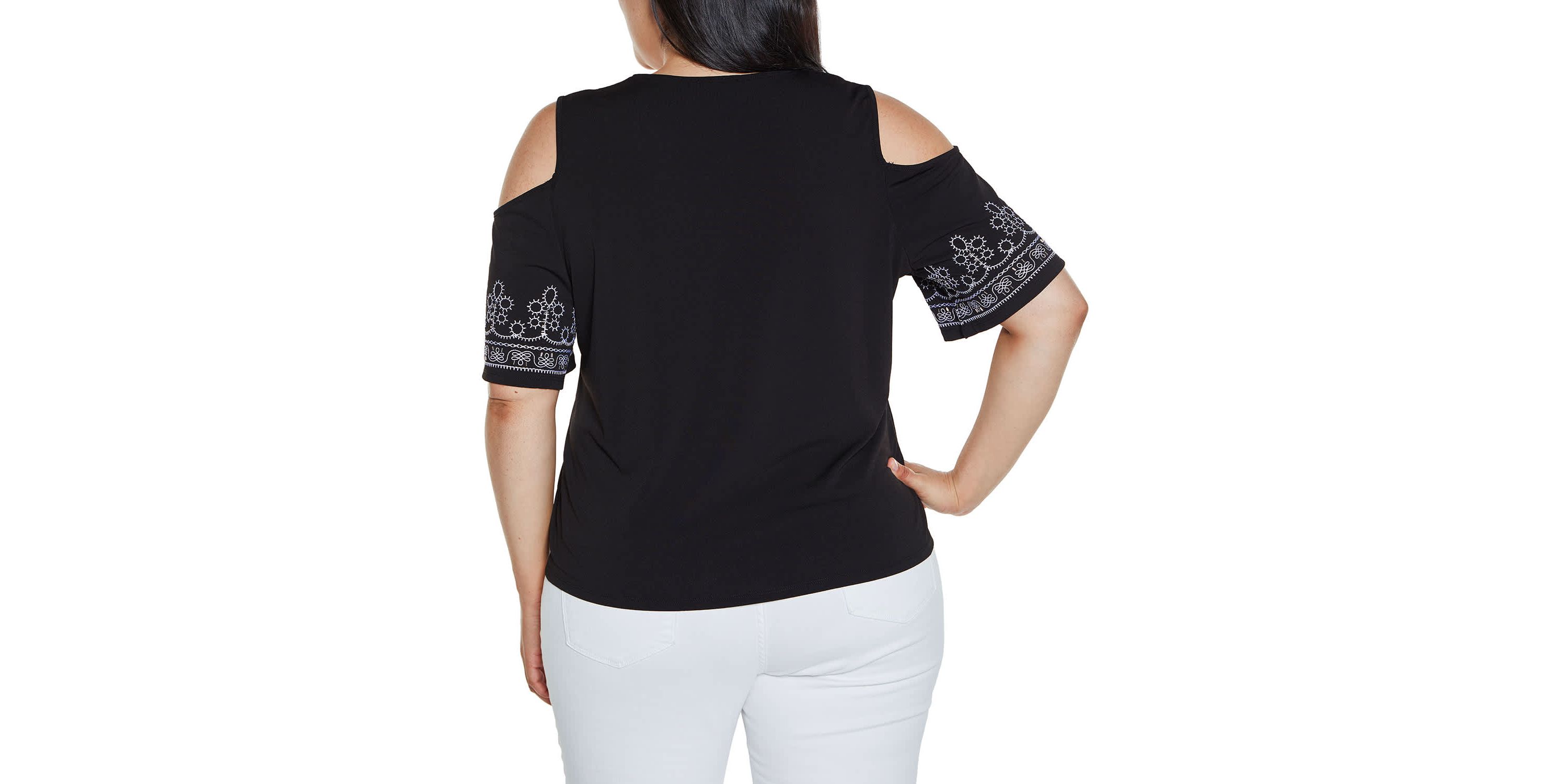 Embroidered Cold-Shoulder Knit Top