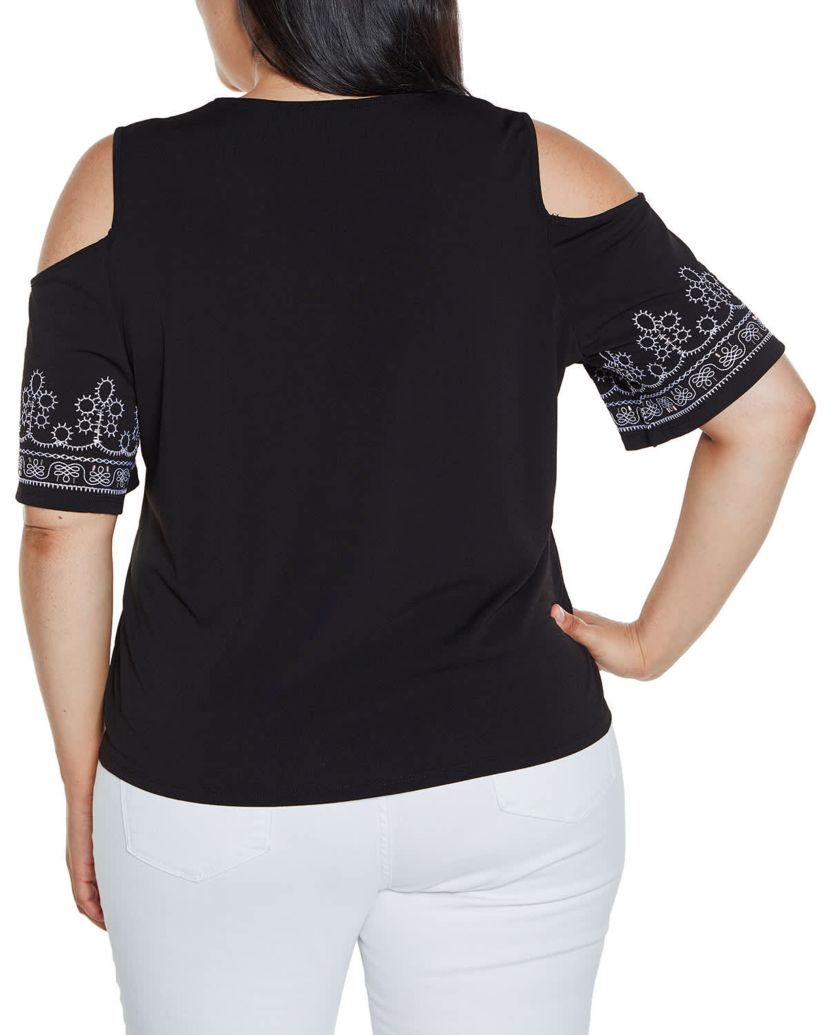 Embroidered Cold-Shoulder Knit Top