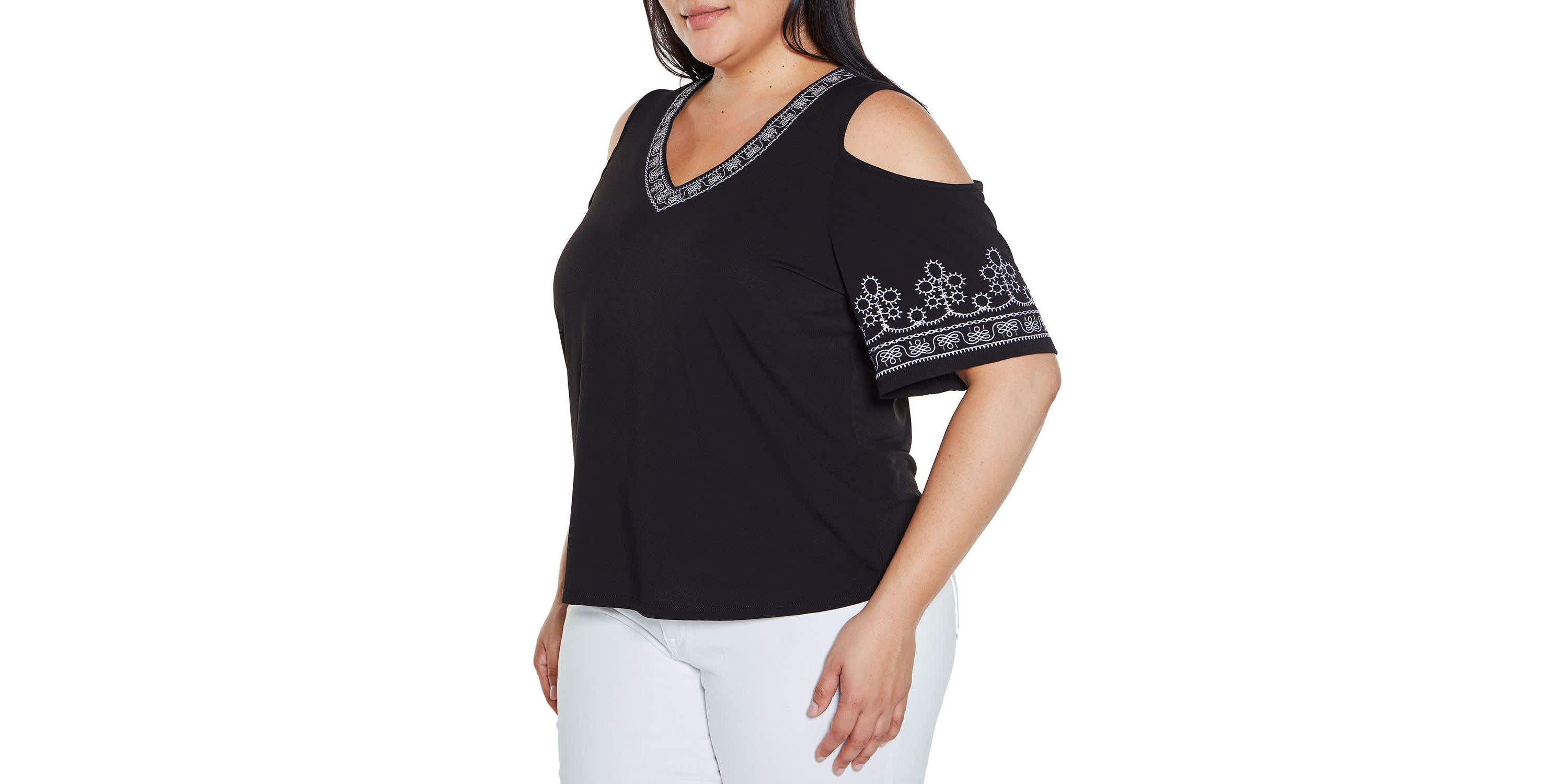 Embroidered Cold-Shoulder Knit Top