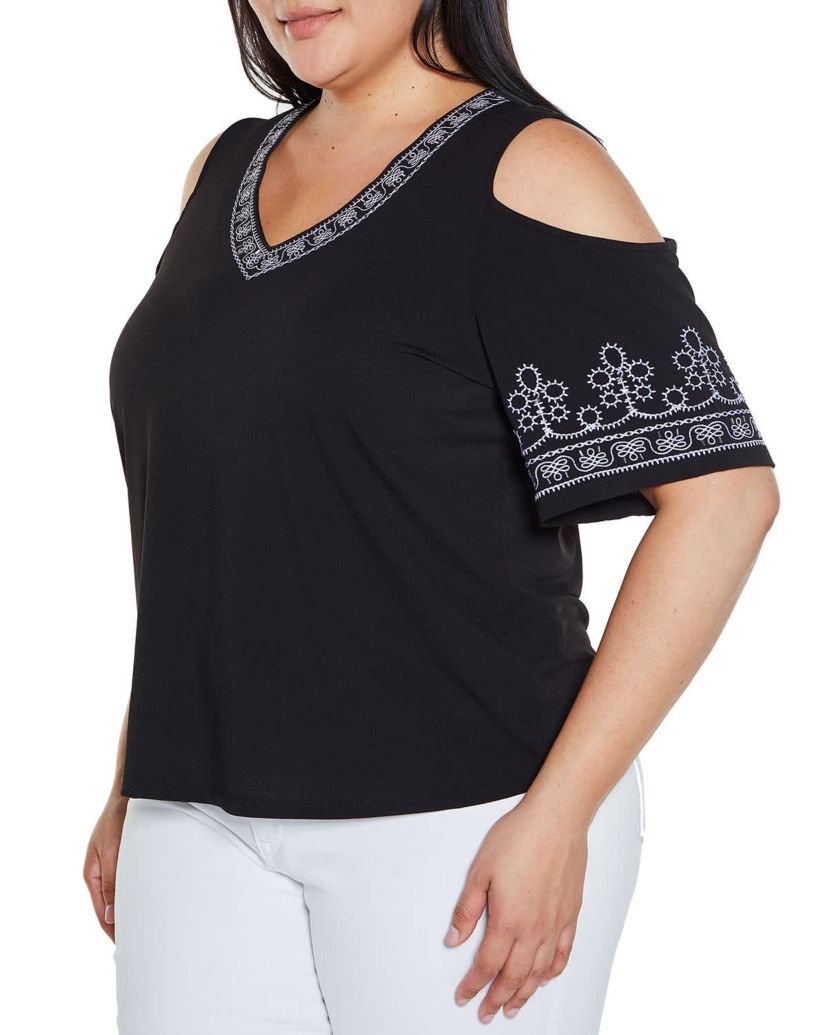 Embroidered Cold-Shoulder Knit Top