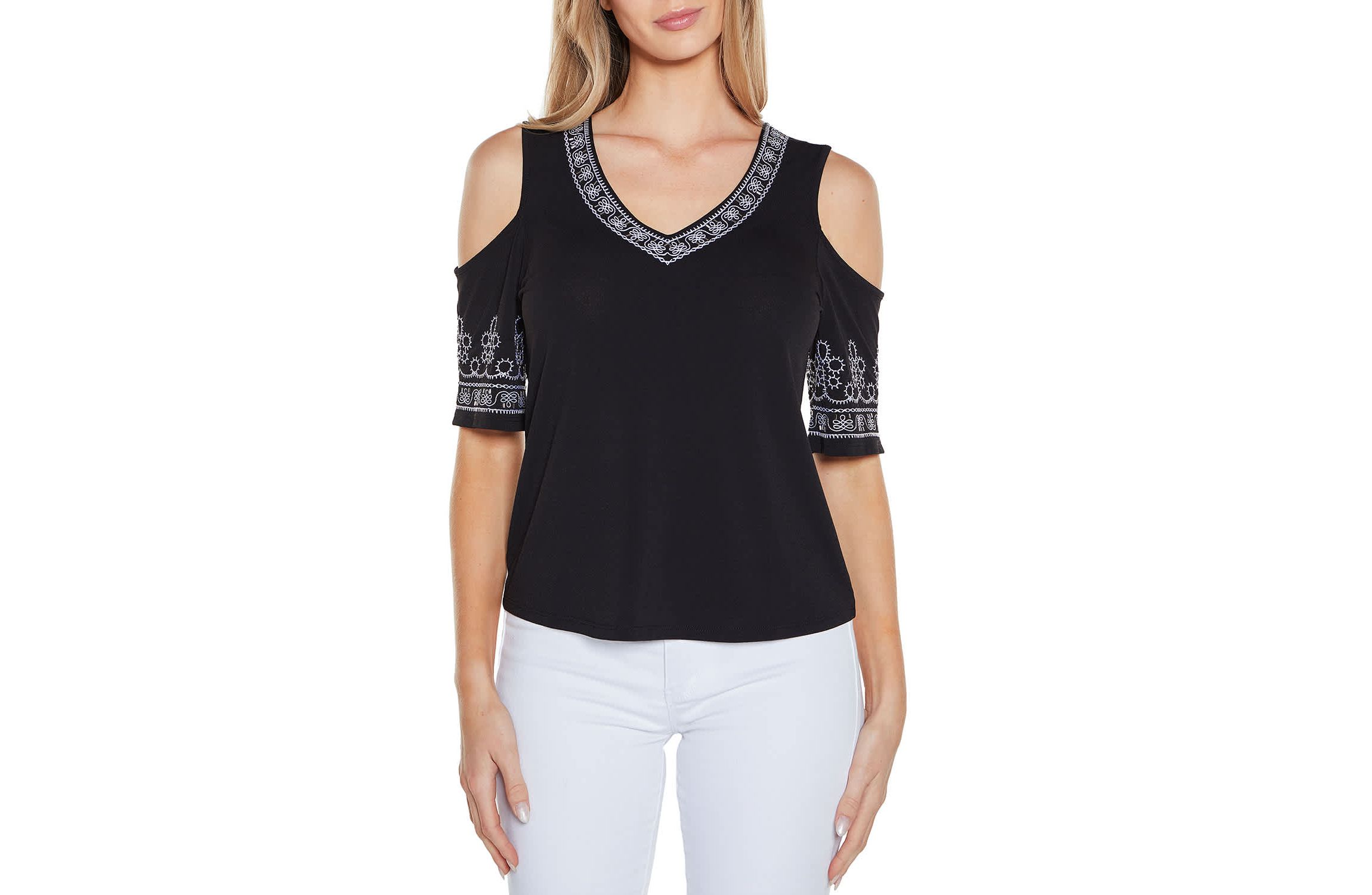 Embroidered Cold-Shoulder Knit Top
