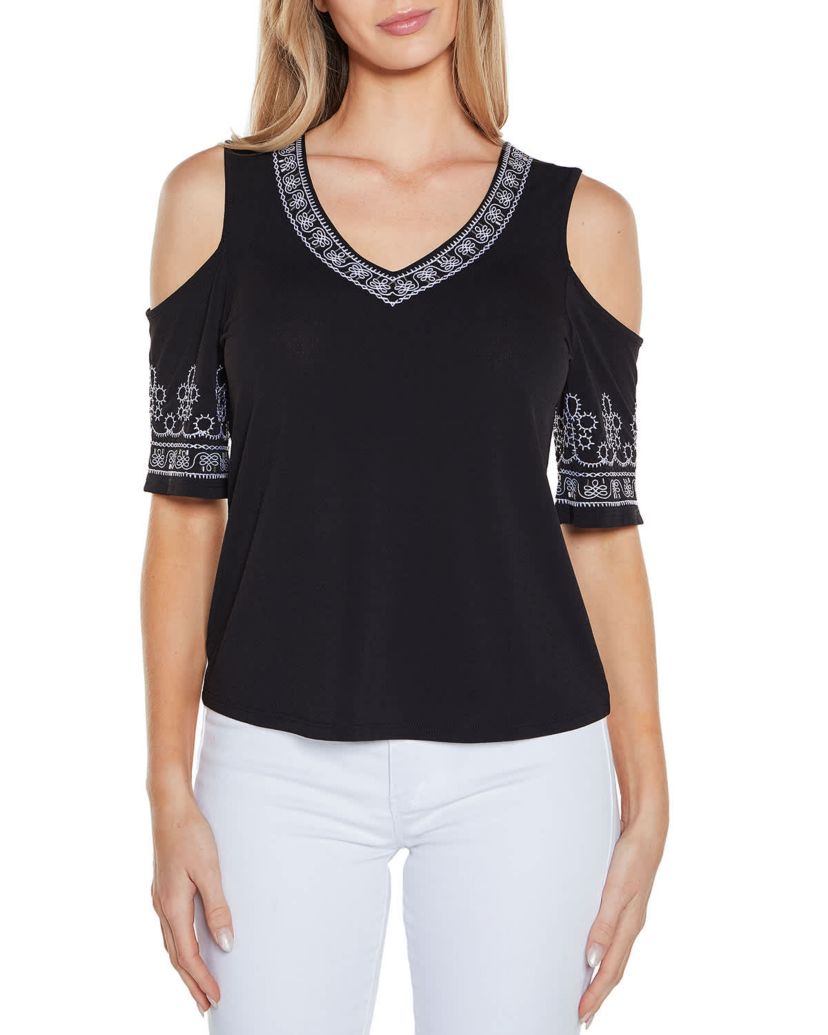 Embroidered Cold-Shoulder Knit Top
