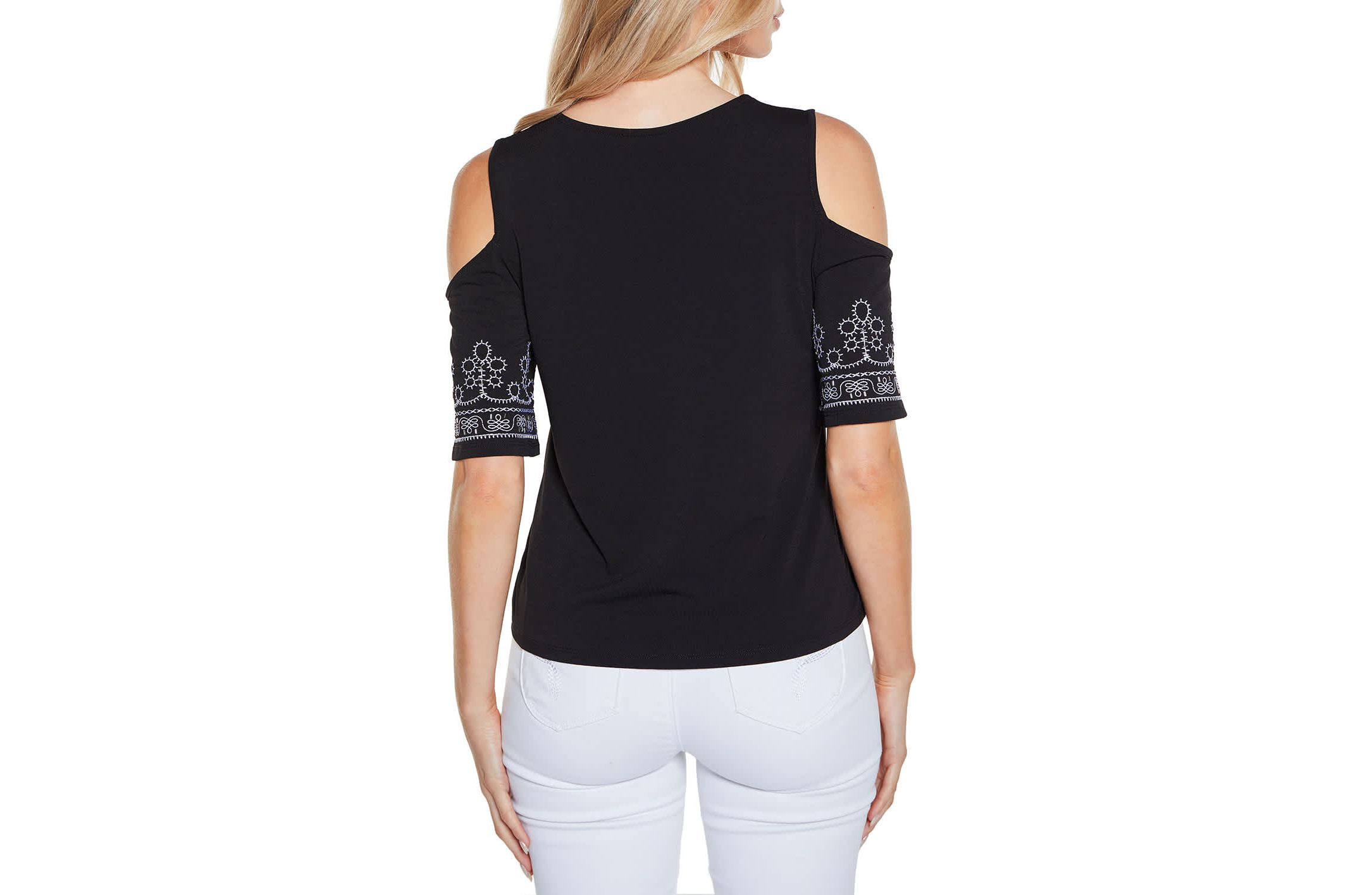 Embroidered Cold-Shoulder Knit Top