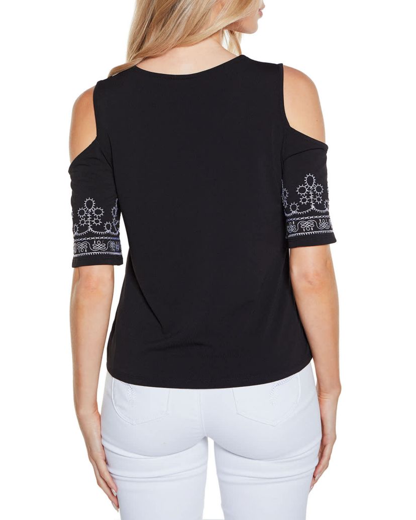 Embroidered Cold-Shoulder Knit Top