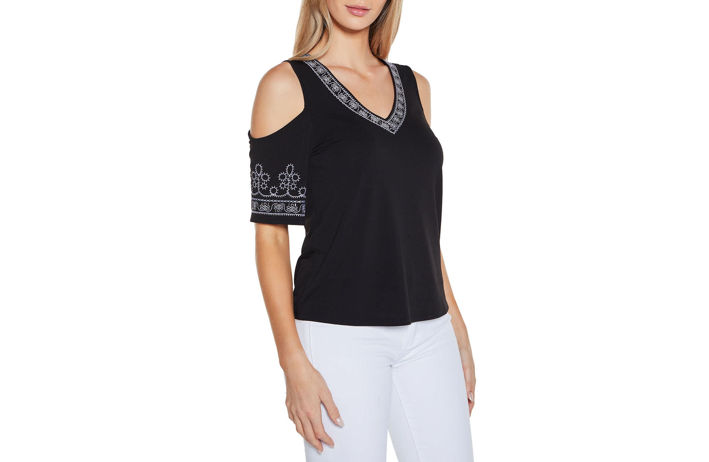 Embroidered Cold-Shoulder Knit Top